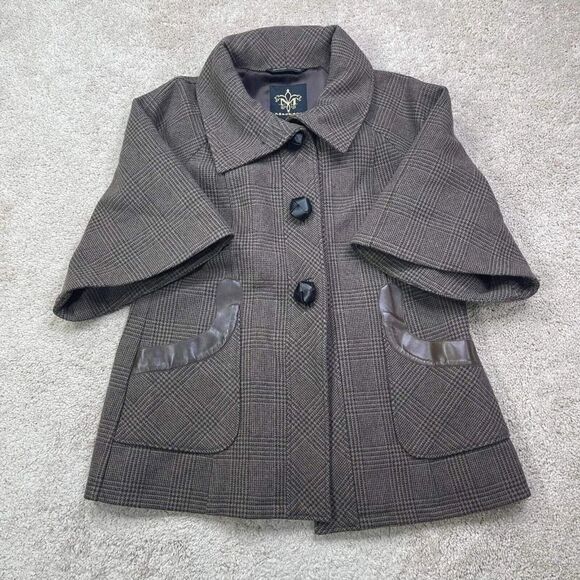 VTG Mackage Brown Tweed Houndstooth Wool Coat Sz M High Collar Button jacket - Picture 2 of 12